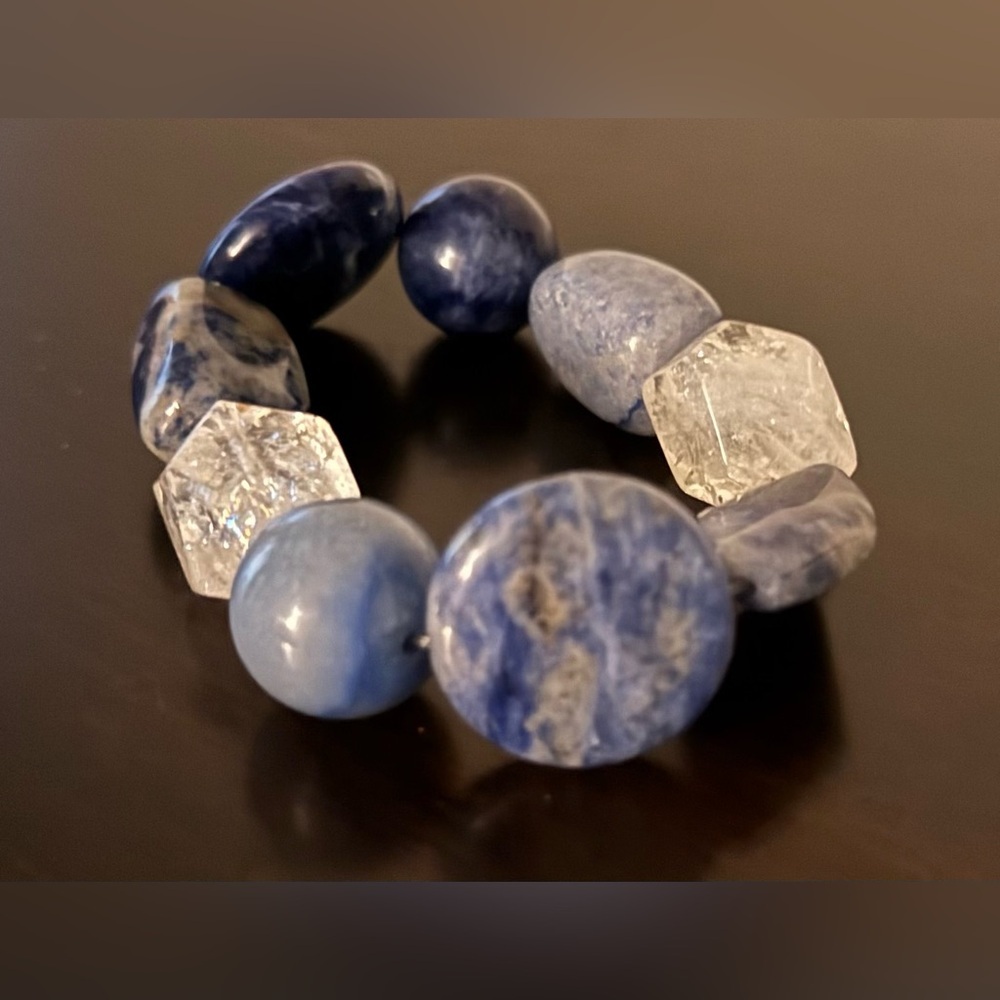 Elegant Blue Stone & Clear Quartz Stretch Bracelet Crystal Bracelet | Boho Luxe